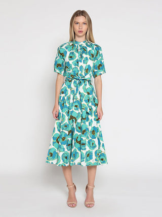Gathered neck floral print belt dress