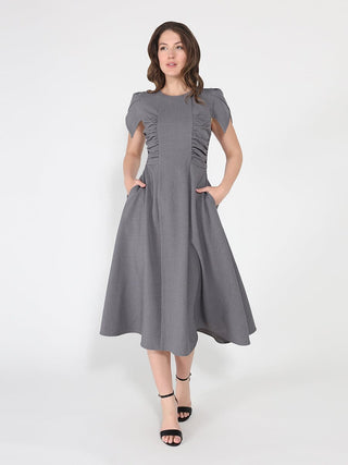 Gathered Side Detail Cap Sleeve A-line Midi Dess