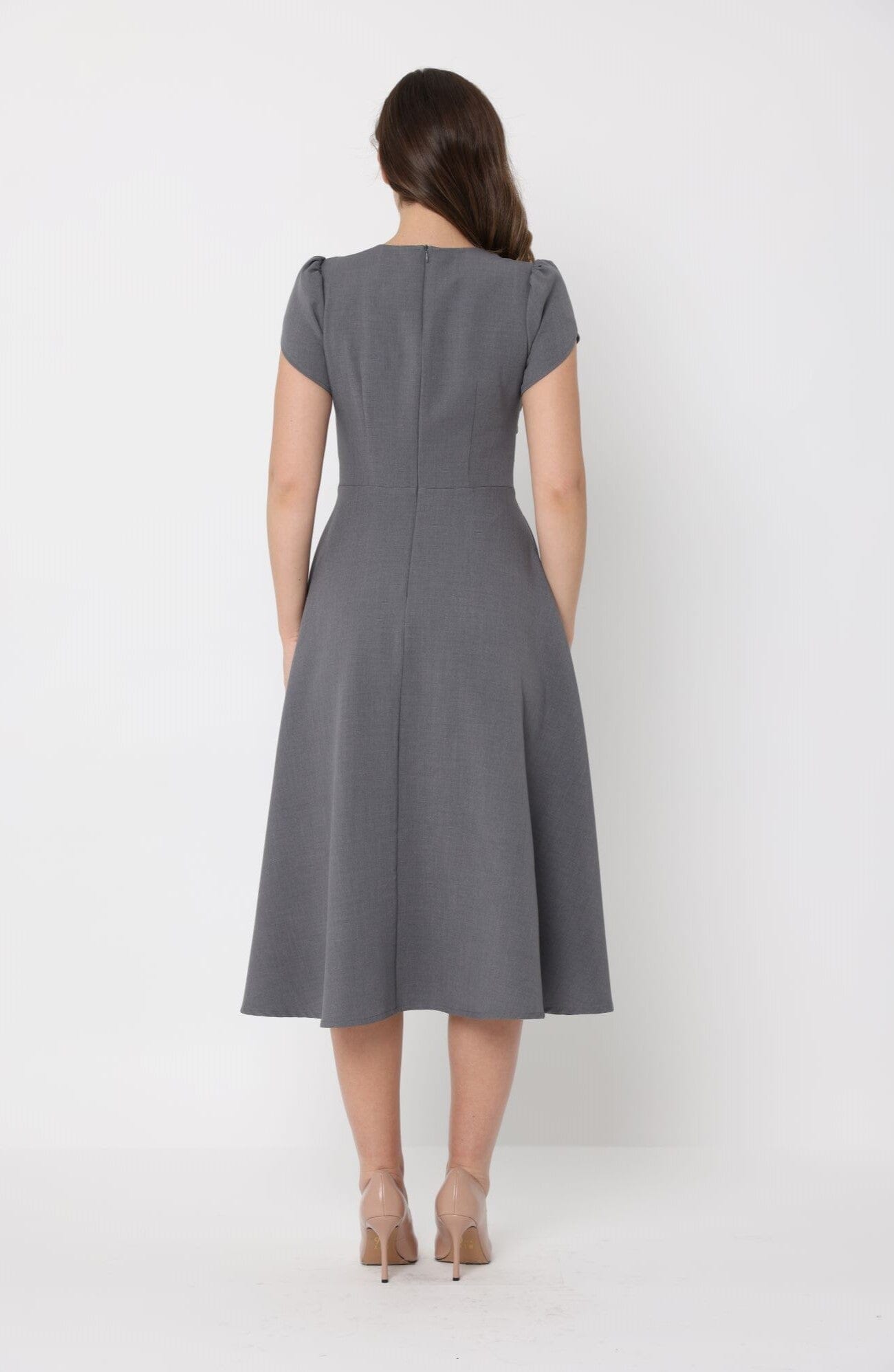 Gathered Side Detail Cap Sleeve A-line Midi Dess