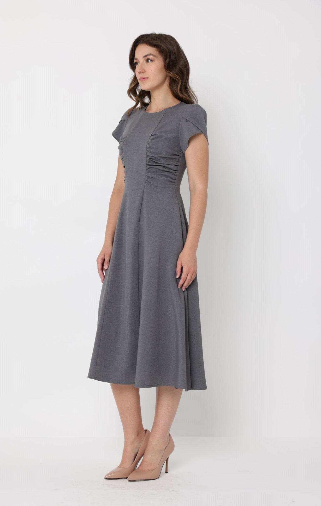 Gathered Side Detail Cap Sleeve A-line Midi Dess