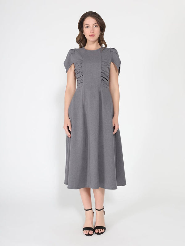 Gathered Side Detail Cap Sleeve A-line Midi Dess