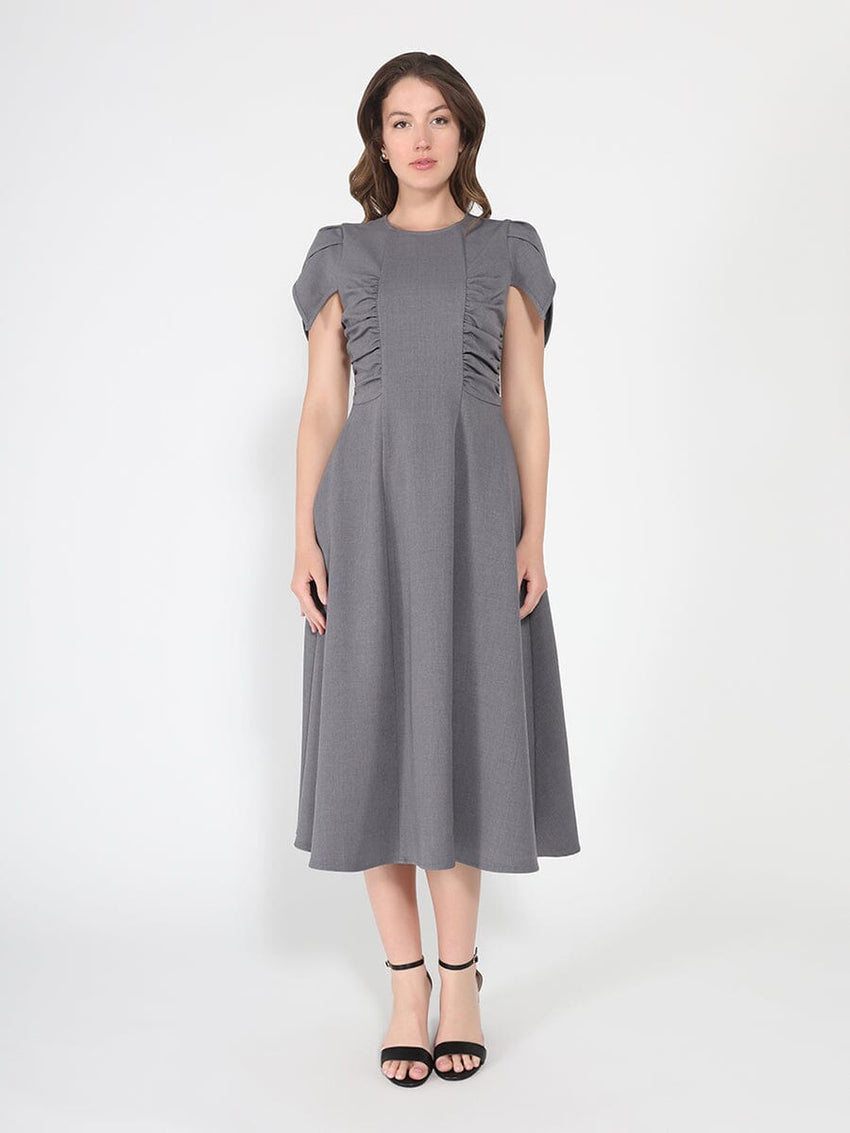 Gathered Side Detail Cap Sleeve A-line Midi Dess