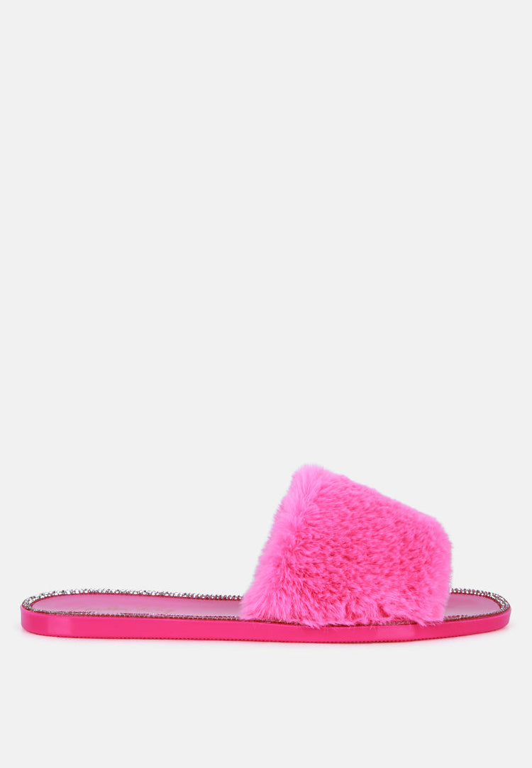 Geese Faux Fur Diamante Detail Jelly Flats - Glamourous Grace