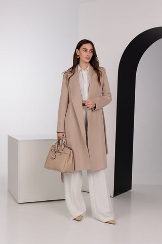 Geneva Classic Wraparound Wool Blend Overcoat in Beige