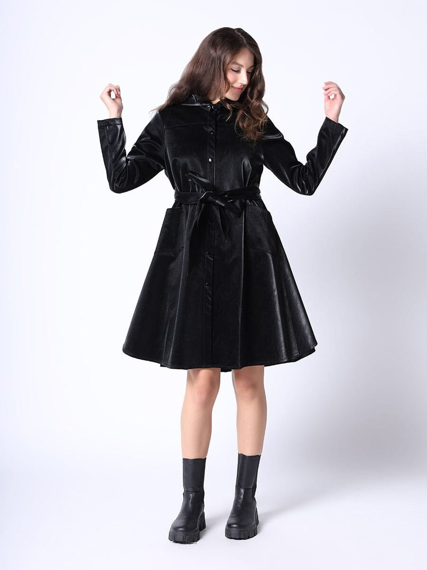 Glossy Rain Coat with Waist Ribbon