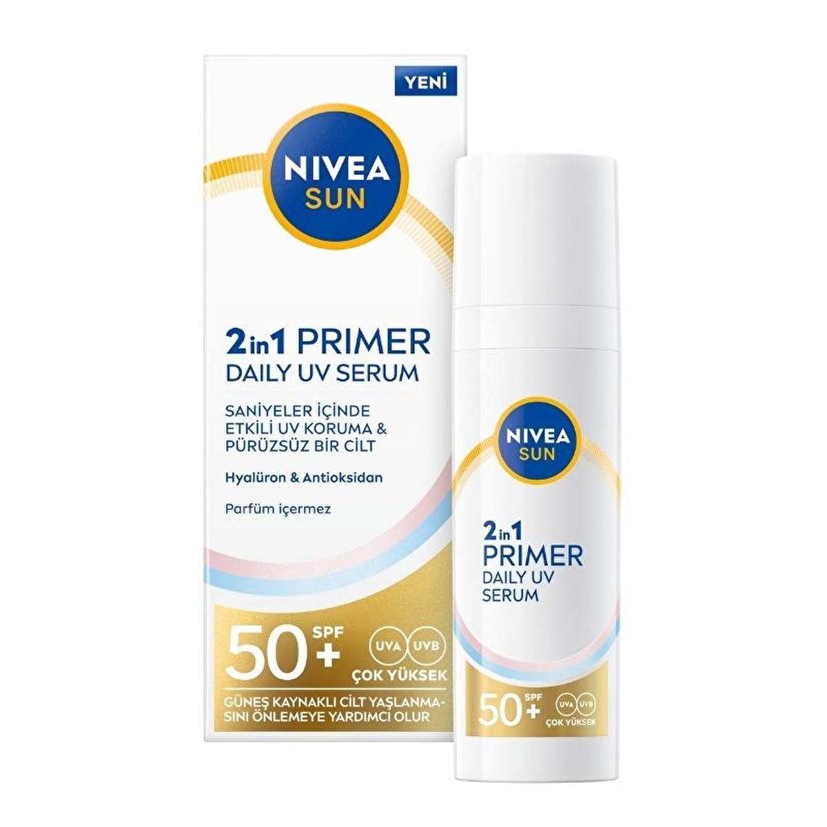 Nivea Sun SPF 50 2-in-1 UV Protection & Smoothing Primer Serum: Anti-Aging, Broad Spectrum Sunscreen with Hyaluronic Acid - Fragrance-Free, Makeup Ready - Glamourous Grace