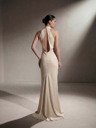 Silk Halter Neck Gown - Beige