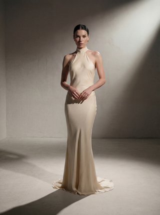 Silk Halter Neck Gown - Beige