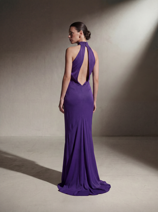 Silk Halter Neck Gown - Plum