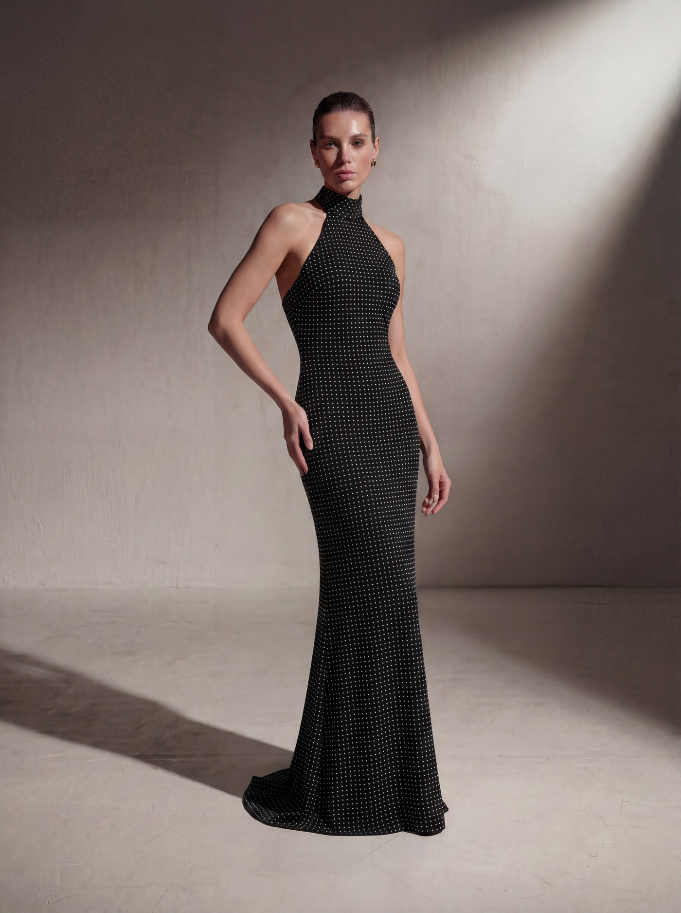 Silk Halter Neck Gown - Black Polka Dot