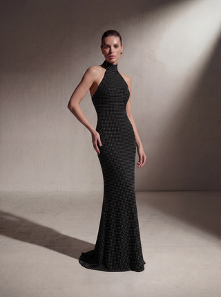 Silk Halter Neck Gown - Black Polka Dot