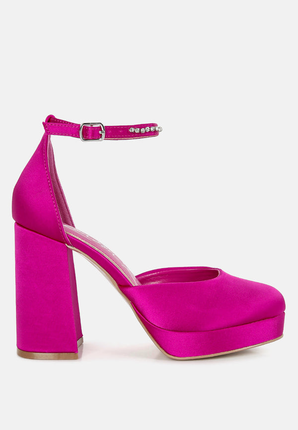Hettie Satin Rhinestone Embellsihed Strap Platform Heels - Glamourous Grace