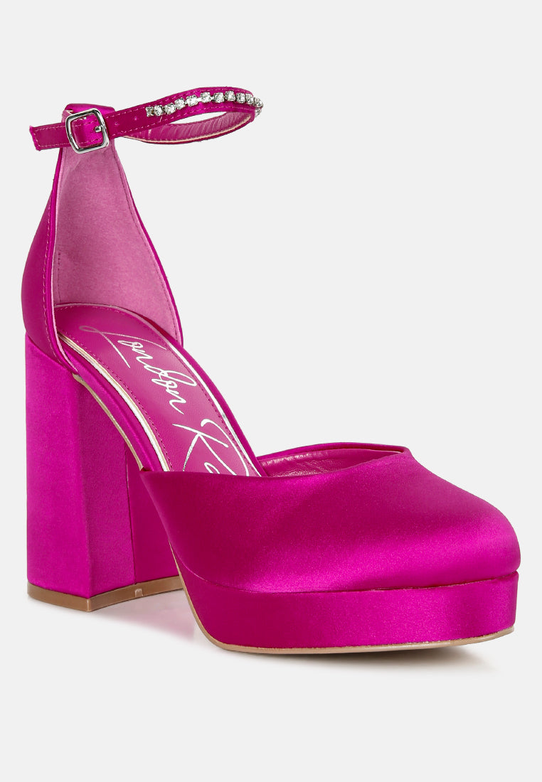 Hettie Satin Rhinestone Embellsihed Strap Platform Heels - Glamourous Grace