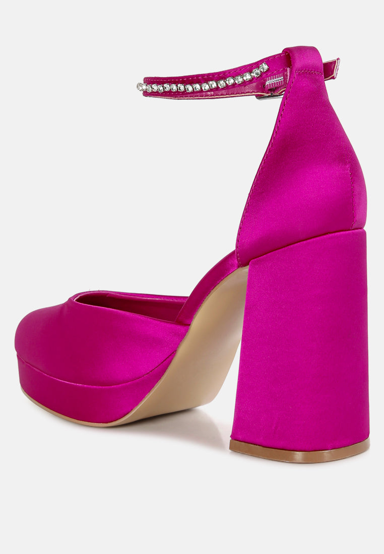 Hettie Satin Rhinestone Embellsihed Strap Platform Heels - Glamourous Grace