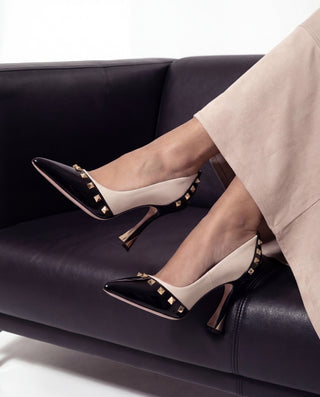 The Bella Vita Studded Beige & Black Leather Pump Women Shoe - Glamourous Grace LLC