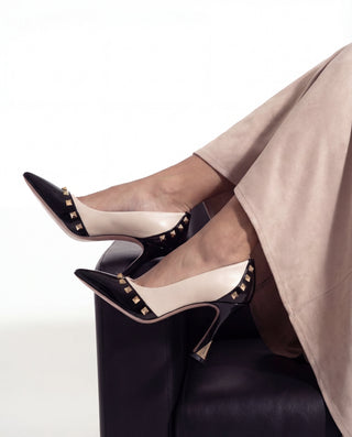 The Bella Vita Studded Beige & Black Leather Pump Women Shoe - Glamourous Grace LLC