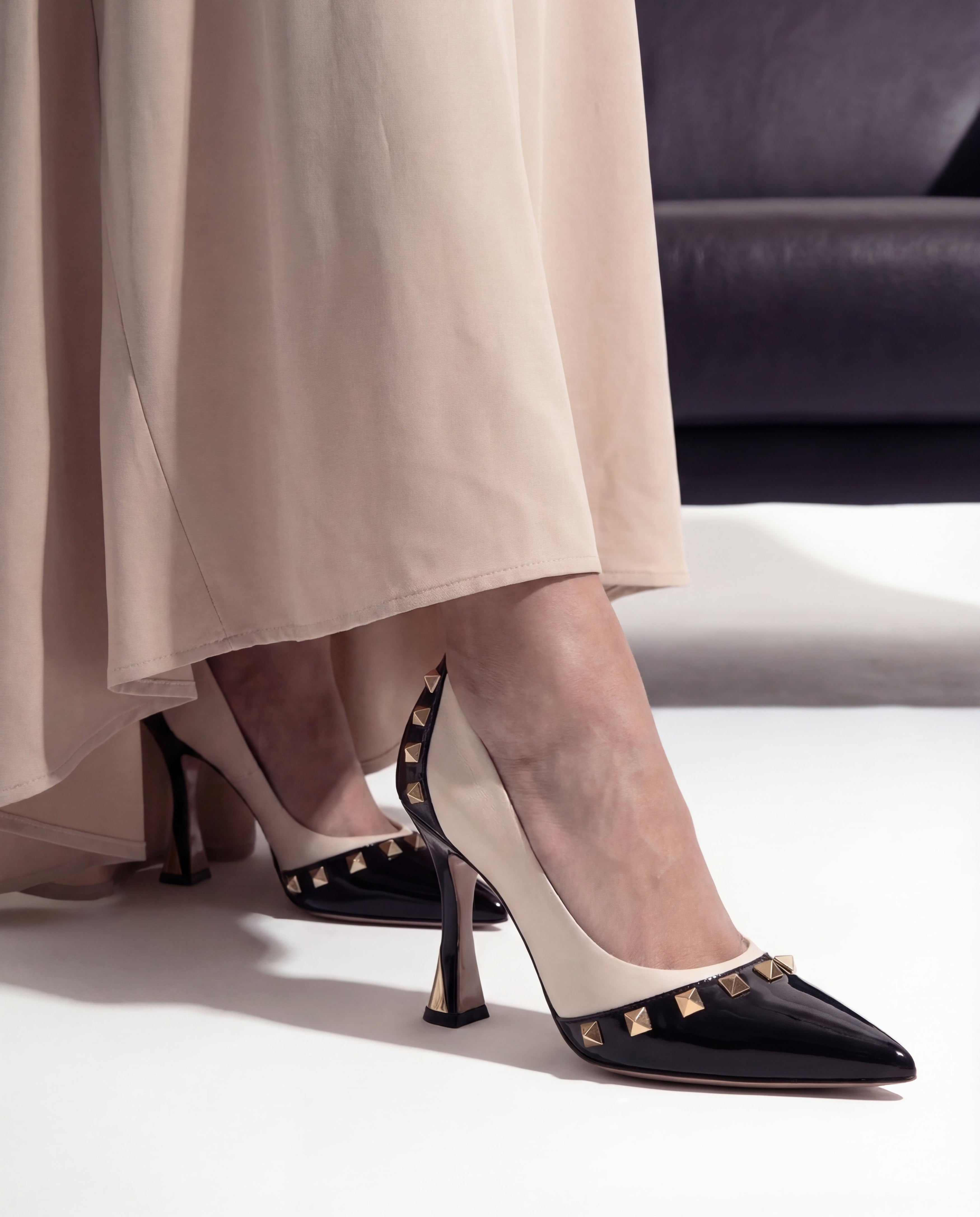 The Bella Vita Studded Beige & Black Leather Pump Women Shoe - Glamourous Grace LLC