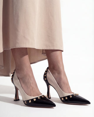 The Bella Vita Studded Beige & Black Leather Pump Women Shoe - Glamourous Grace LLC