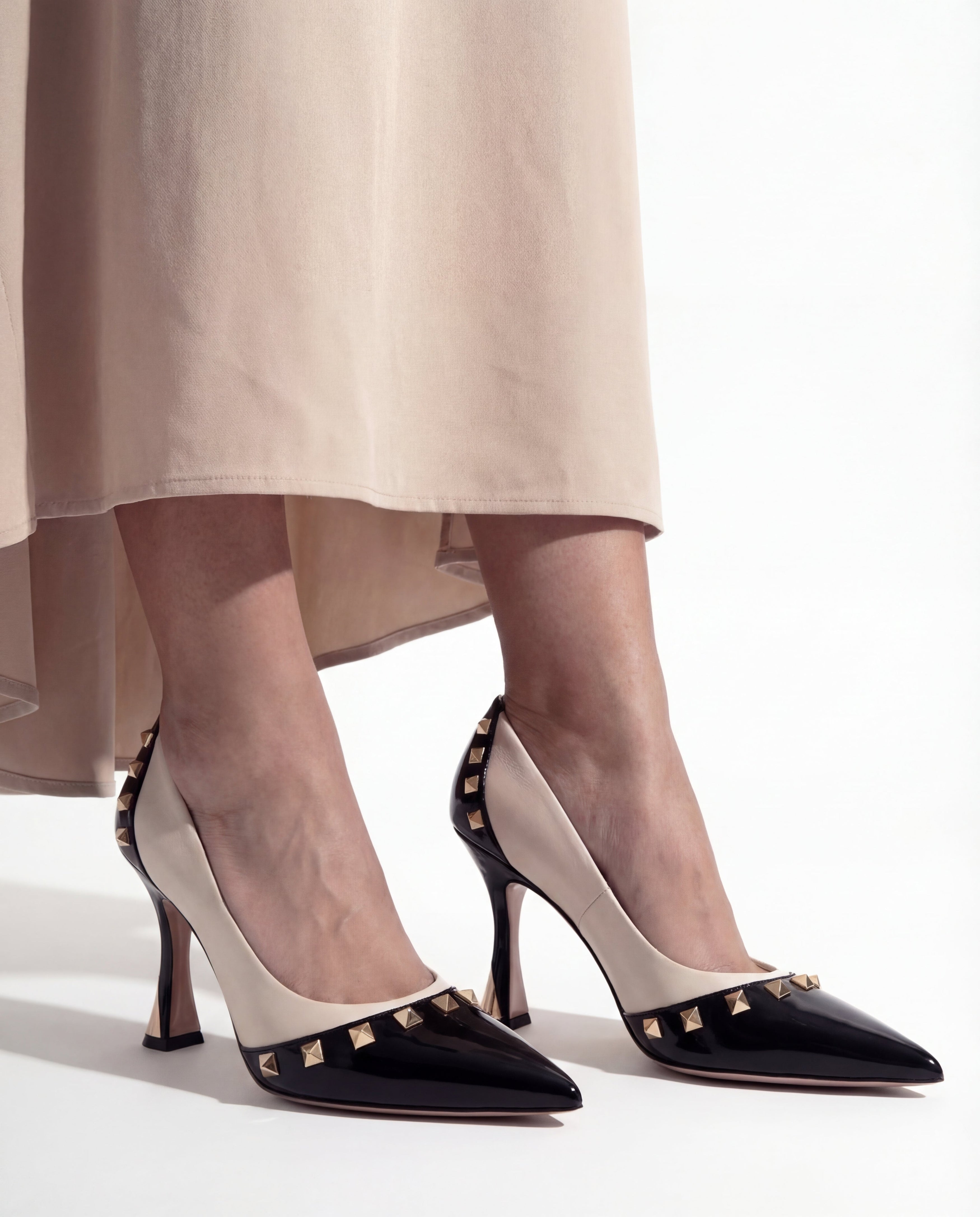 The Bella Vita Studded Beige & Black Leather Pump Women Shoe - Glamourous Grace LLC