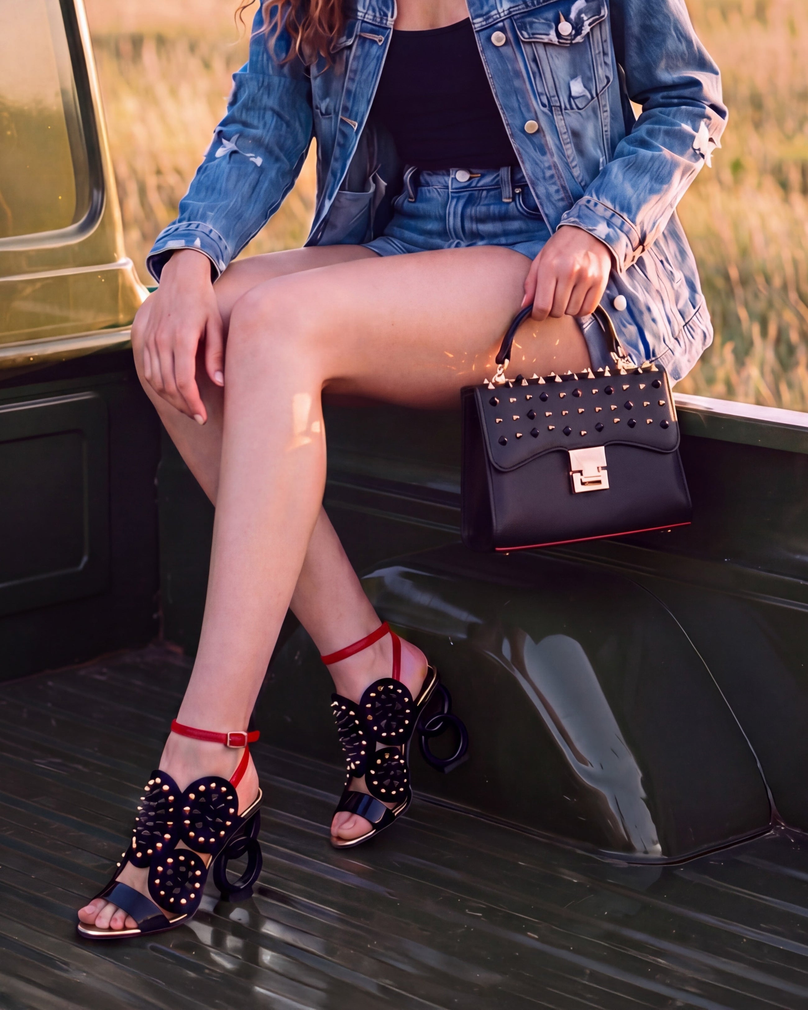 The Infanta Black Spike Leather Ankle Strap Women Sandal - Glamourous Grace