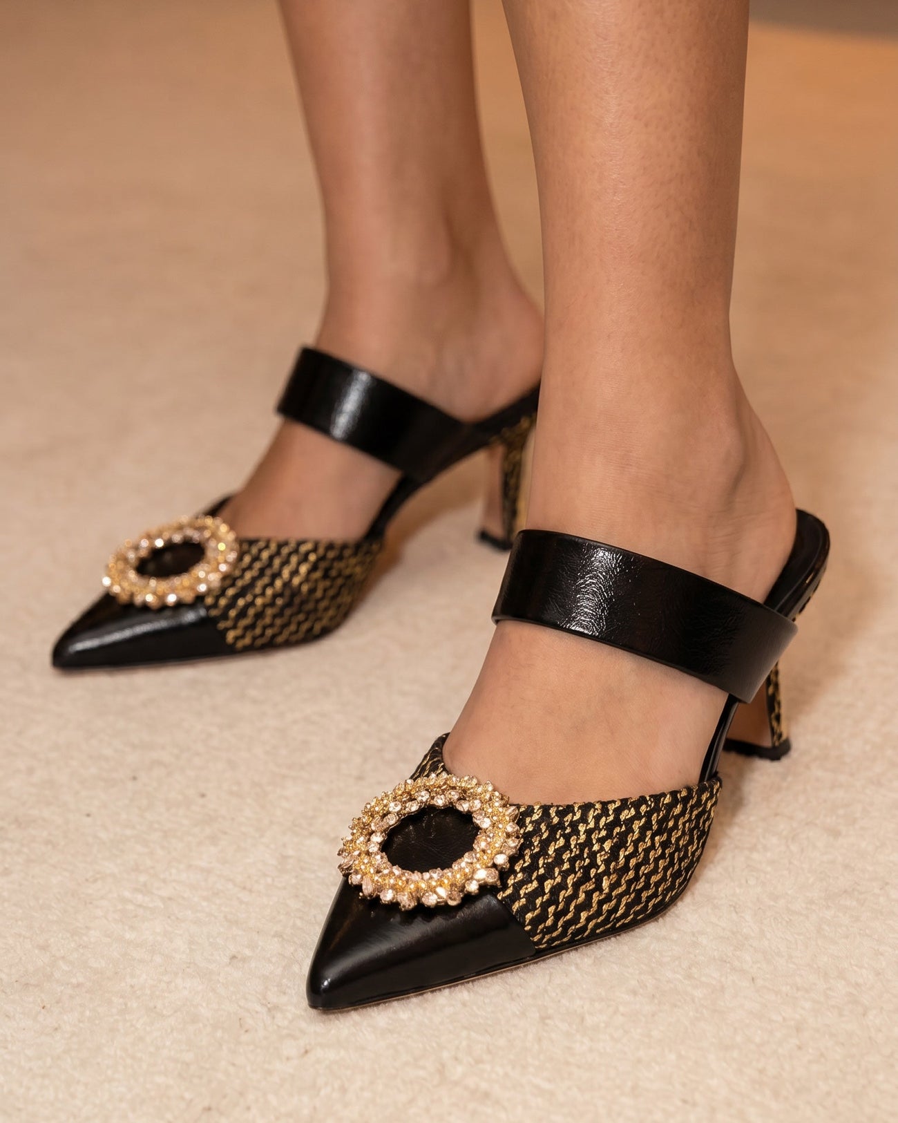 The Valencia Black & Gold Jewel Heel Women Mule Sandal - Glamourous Grace