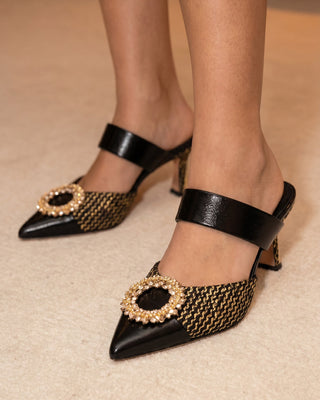 The Valencia Black & Gold Jewel Heel Women Mule Sandal - Glamourous Grace
