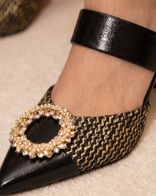 The Valencia Black & Gold Jewel Heel Women Mule Sandal - Glamourous Grace