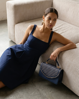 The Dosso Navy Blue Handwoven Pointy Toe Leather Women Sandal - Glamourous Grace