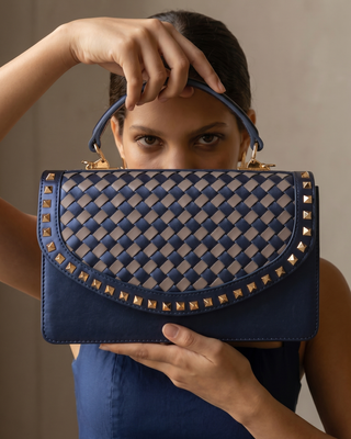 The Dosso Navy Blue Handwoven Pointy Toe Leather Women Sandal - Glamourous Grace