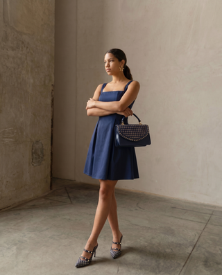 The Dosso Navy Blue Handwoven Pointy Toe Leather Women Sandal - Glamourous Grace
