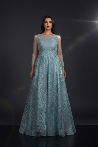 High Neck Sheer Long Sleeve Embellished Gown – Corrected