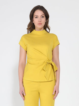 High neck tie detail short sleeve solid top