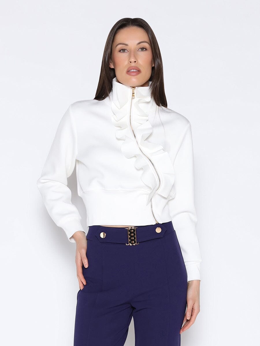Highneck Scuba Assymetrical Ruffled Zip Jacket - Glamourous Grace