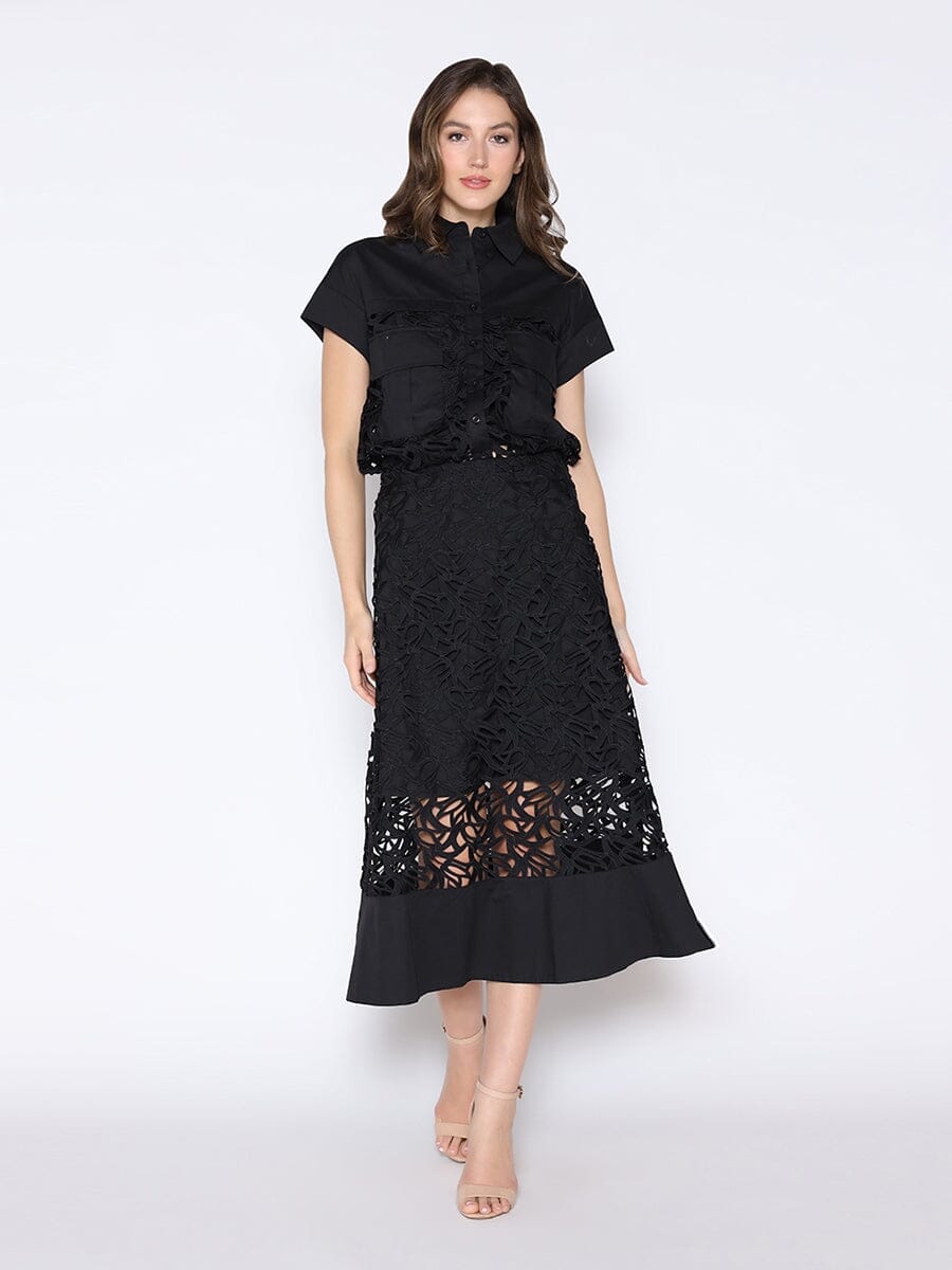 Hollow-Out Lace Embroidered Front Pocket Top