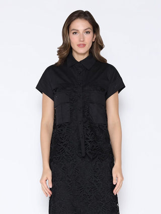 Hollow-Out Lace Embroidered Front Pocket Top