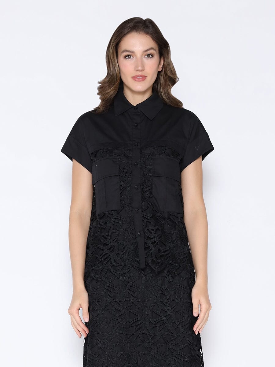 Hollow-Out Lace Embroidered Front Pocket Top
