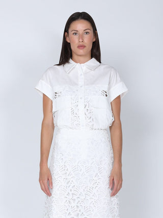 Hollow-Out Lace Embroidered Front Pocket Top