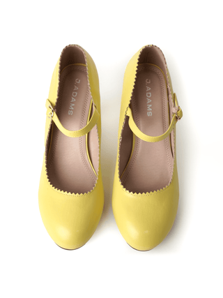 Yellow J.Adams heel shoes featuring a honey lemon design, showcasing stylish high-heeled footwear with a vibrant pattern.