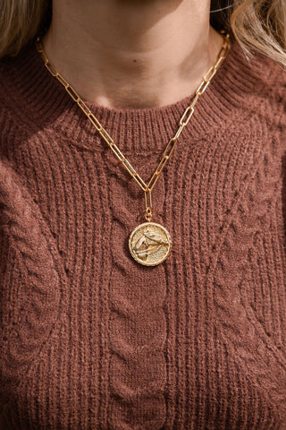 Horsehead Disc Charm Necklace - Paperclip Chain - 18k Gold Plated - Glamourous Grace