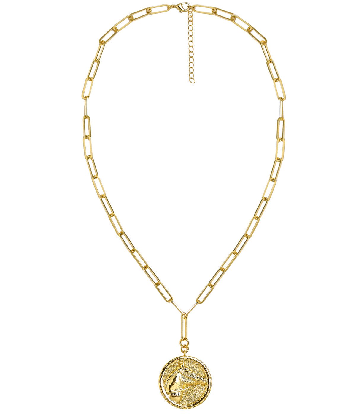 Horsehead Disc Charm Necklace - Paperclip Chain - 18k Gold Plated - Glamourous Grace