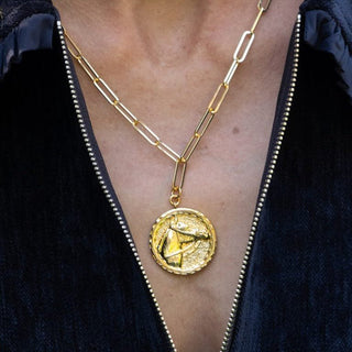 Horsehead Disc Charm Necklace - Paperclip Chain - 18k Gold Plated - Glamourous Grace