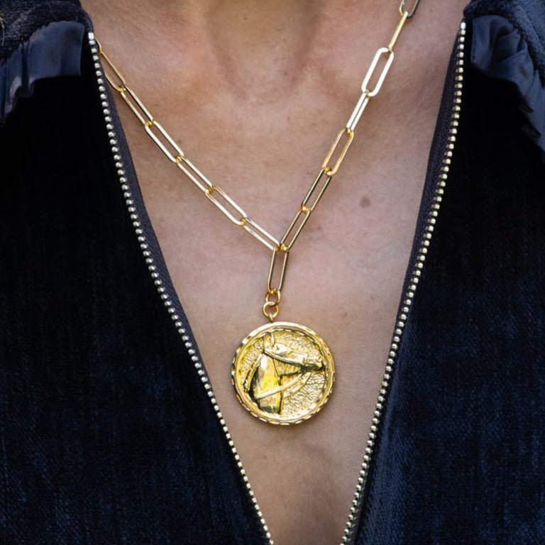 Horsehead Disc Charm Necklace - Paperclip Chain - 18k Gold Plated - Glamourous Grace