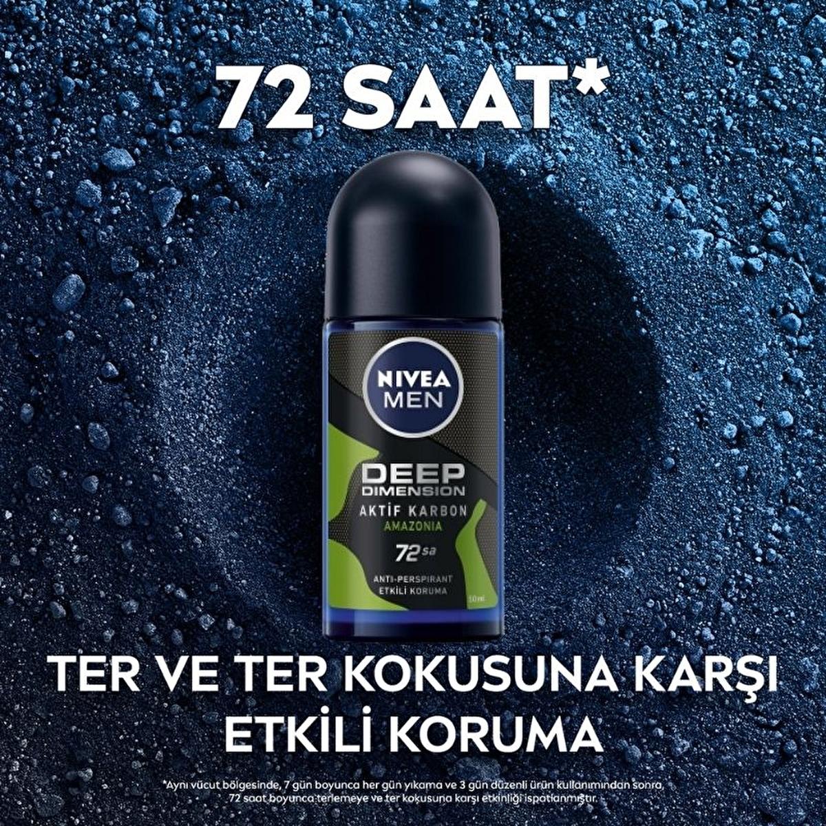 Nivea Men Deep Dimension Amazonia Roll-on Deodorant - Long Lasting Anti-Perspirant Protection for Men, 72 Hours Freshness, Masculine Scent - Glamourous Grace