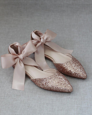 Rock Glitter Pointy Toe Flats with Blush Satin Ankle Tie or Ballerina Lace Up