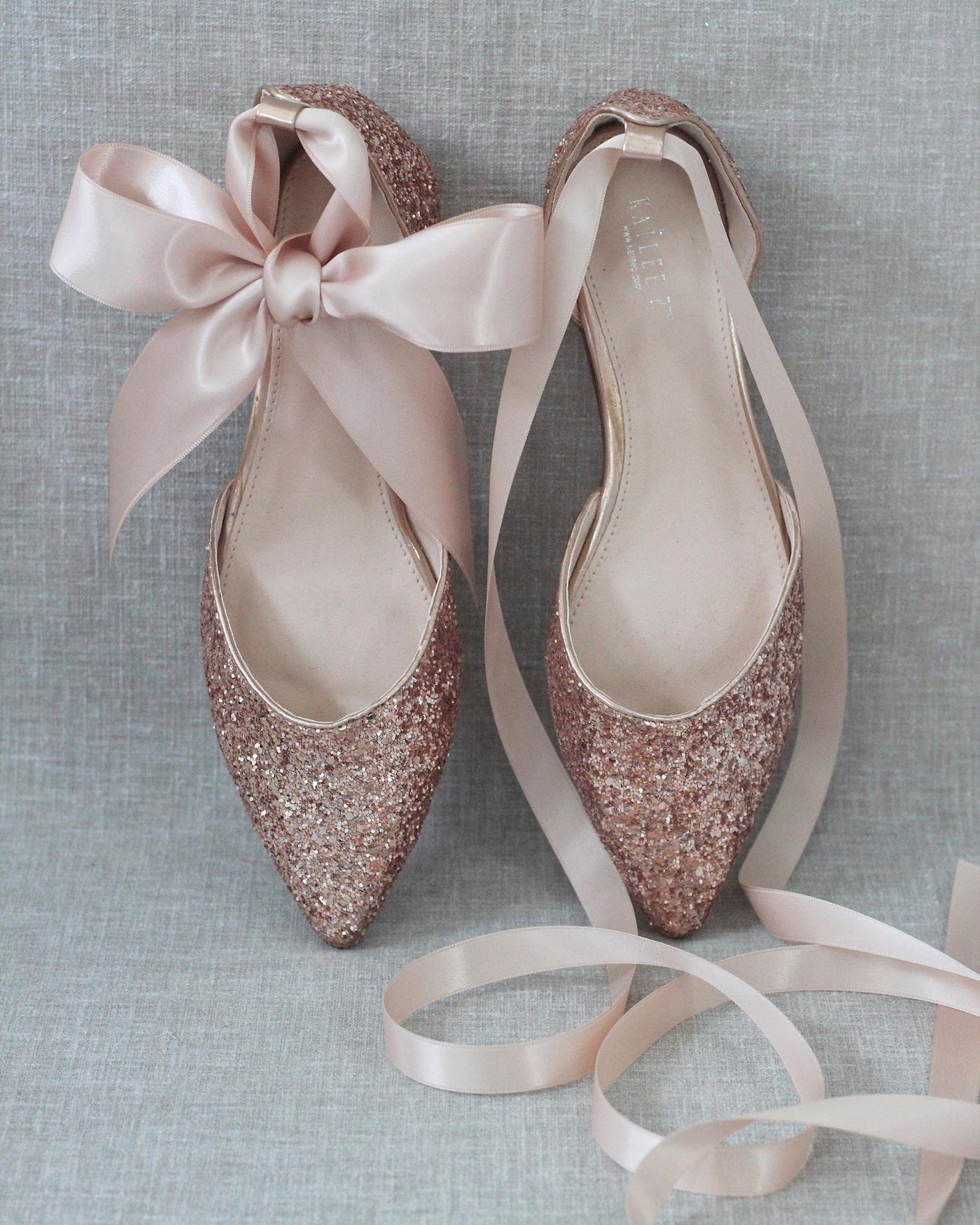 Rock Glitter Pointy Toe Flats with Blush Satin Ankle Tie or Ballerina Lace Up - Glamourous Grace