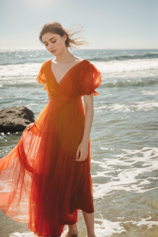 Cape-shoulder short sleeves ruched bodice V-neck layered skirt long tulle prom dress