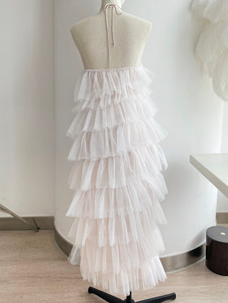 Haltered Sliding Ruffle Layered Hem fit and flare tutu ankle length tulle prom dress