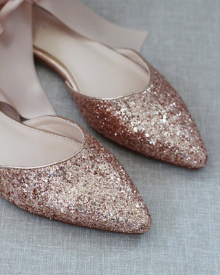 Rock Glitter Pointy Toe Flats with Blush Satin Ankle Tie or Ballerina Lace Up