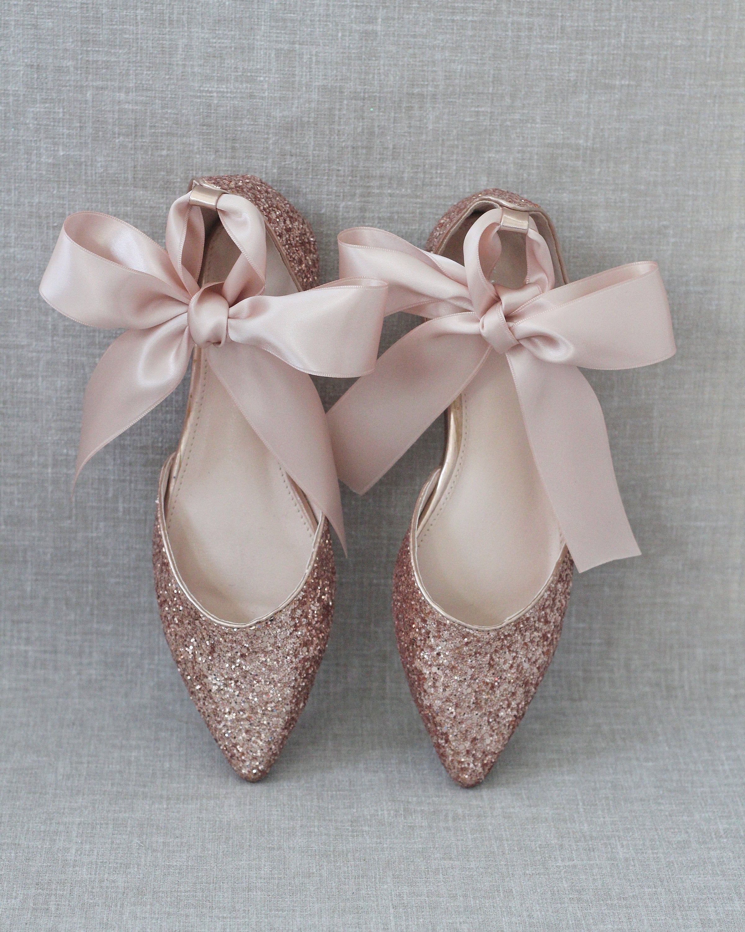 Rock Glitter Pointy Toe Flats with Blush Satin Ankle Tie or Ballerina Lace Up