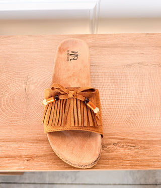 Lilliam Fringe Beaded Sandals in Tan - Glamourous Grace